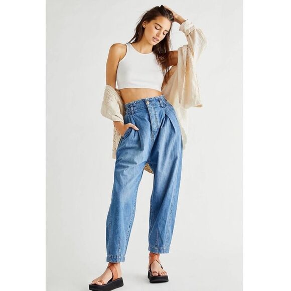 We the Free Sawyer Pull On BG Oversized Baggy Barrel Jeans Medium Wash Sz L - Picture 7 of 16